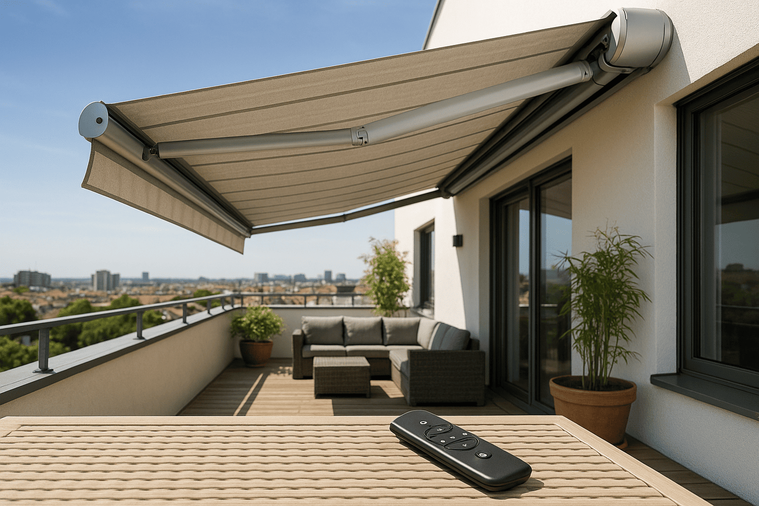 Vista realista de un ático con toldo motorizado extendido, mando a distancia sobre la mesa y horizonte de Madrid