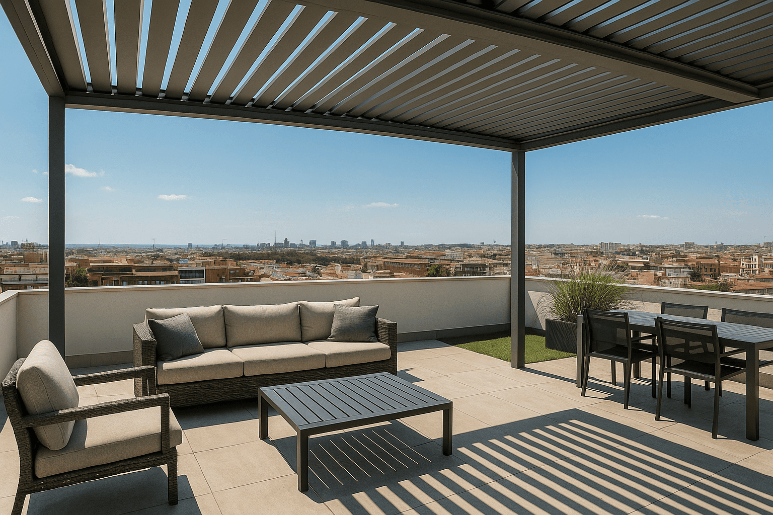 Vista realista de ático en Madrid con pérgola bioclimática, lamas orientables y muebles de exterior en formato horizontal.