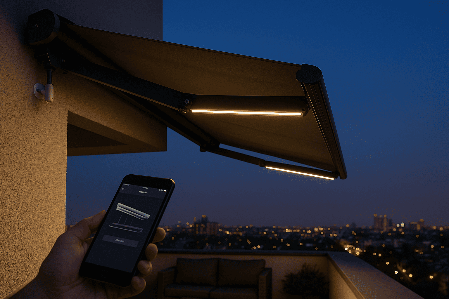 Toldo motorizado con sensores al atardecer Terraza en Madrid con toldo motorizado parcialmente retraído, sensor de viento y smartphone de control al atardecer