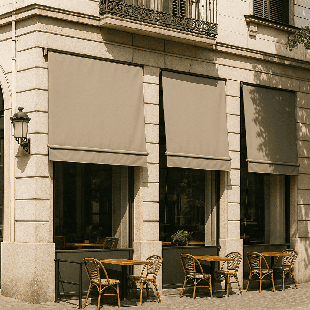 Toldos verticales negocios Madrid instalados en la fachada de un café; los grandes ventanales están protegidos con toldos verticales de color beige que aportan sombra y privacidad.