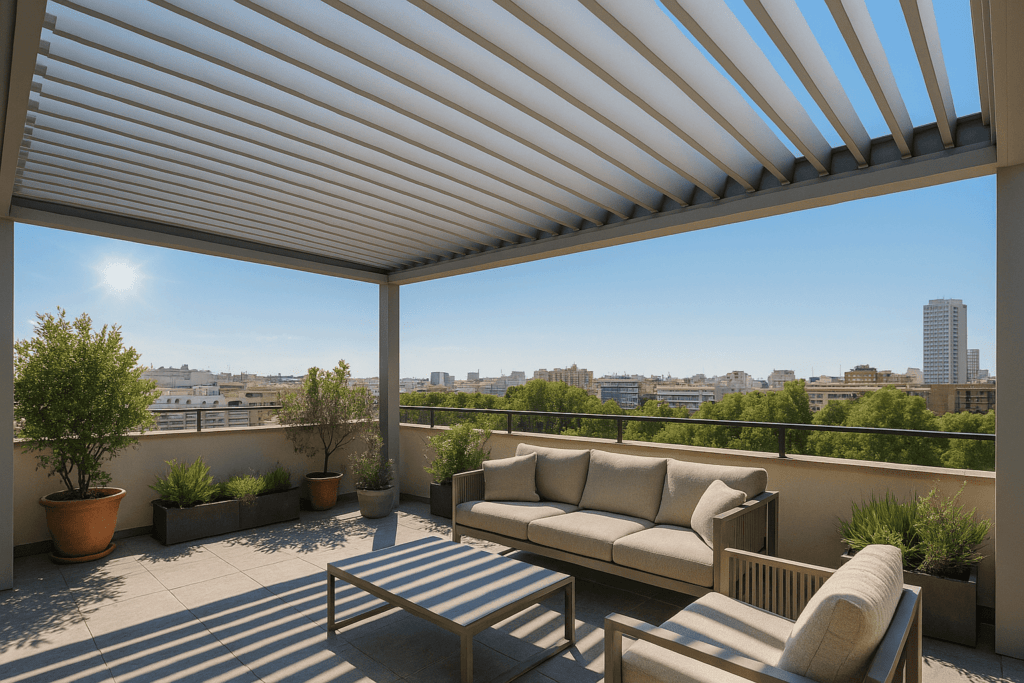 Pérgolas bioclimáticas Arganzuela: terraza con lamas orientables parcialmente abiertas, mobiliario exterior, plantas y vistas del skyline de Madrid