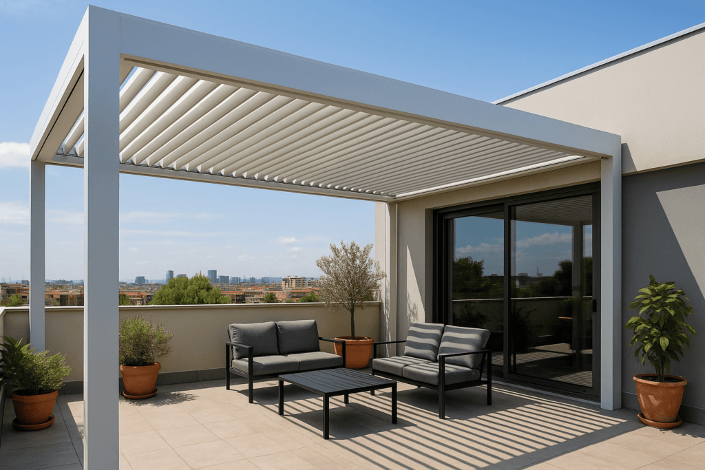Pérgolas bioclimáticas Arganzuela en una terraza de Madrid con lamas orientables parcialmente abiertas, estructura de aluminio y vistas urbanas