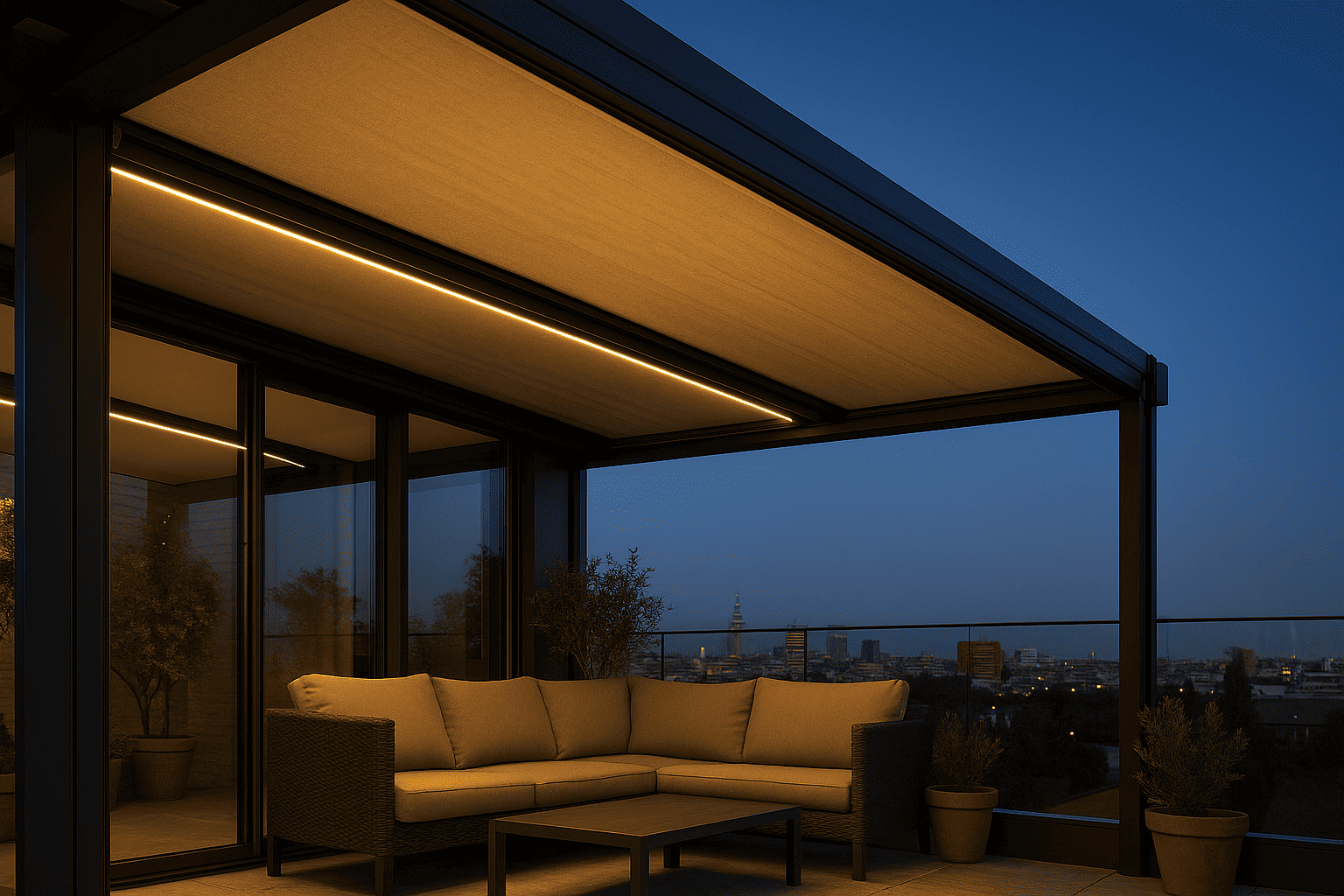 Toldo veranda con iluminación LED Imagen nocturna de un toldo veranda extendido sobre una terraza en Madrid con iluminación LED integrada, mostrando un ambiente acogedor y moderno; toldos veranda Madrid en un atardecer