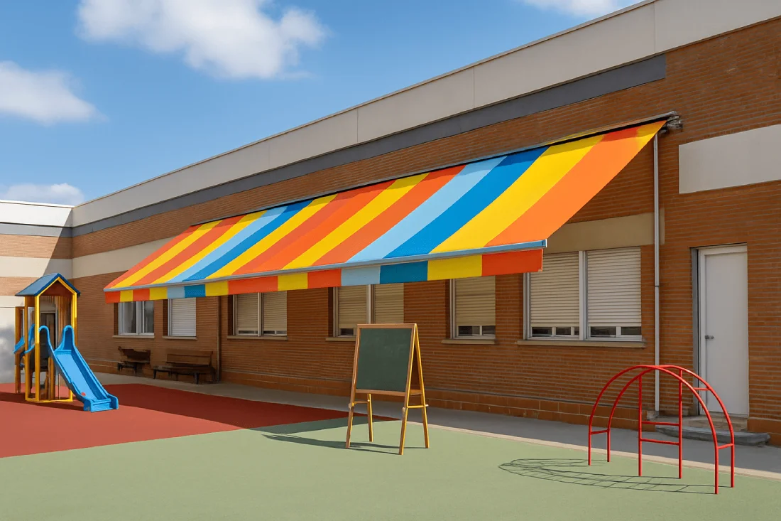 Fachada de colegio en Madrid con toldos colegios Madrid de rayas multicolores sobre las ventanas, protegiendo un patio con pizarra y estructuras de juego, sin personas