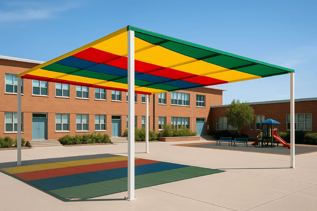 Patio escolar vacío con toldo de colores instalados, cumpliendo la normativa toldos colegios Madrid