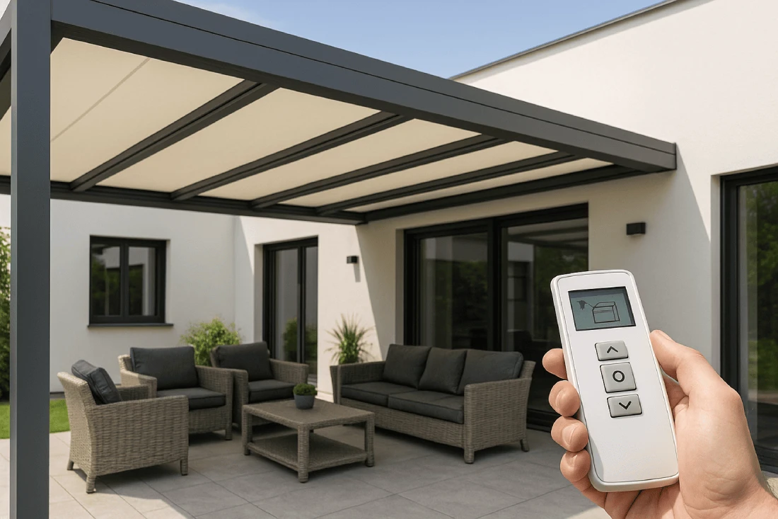 Toldo-veranda-con-control-remoto Fotografía realista de un toldo veranda con motor instalado en una terraza de Madrid, con un mando a distancia sobre una mesa; el toldo proporciona sombra y demuestra la automatización del sistema