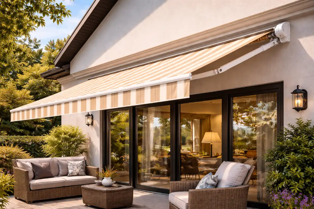 Patio moderno con toldo retráctil Instalación de Toldos en Madrid, Toldo extensible en patio de casa